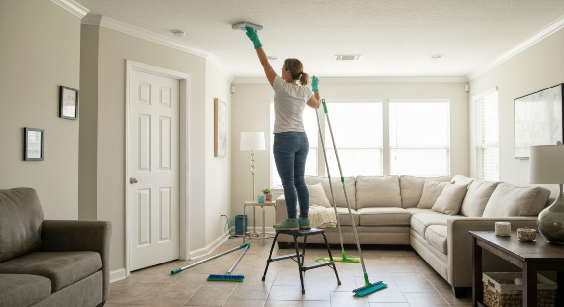 Cleaner dusting ceiling corners in an Orlando home following a top-to-bottom order