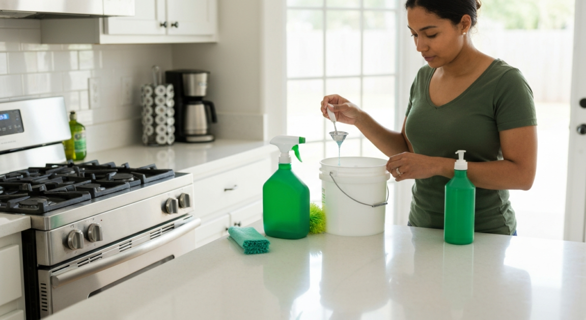 Person measuring eco-friendly cleaner in an Orlando kitchen with minimal waste approach
