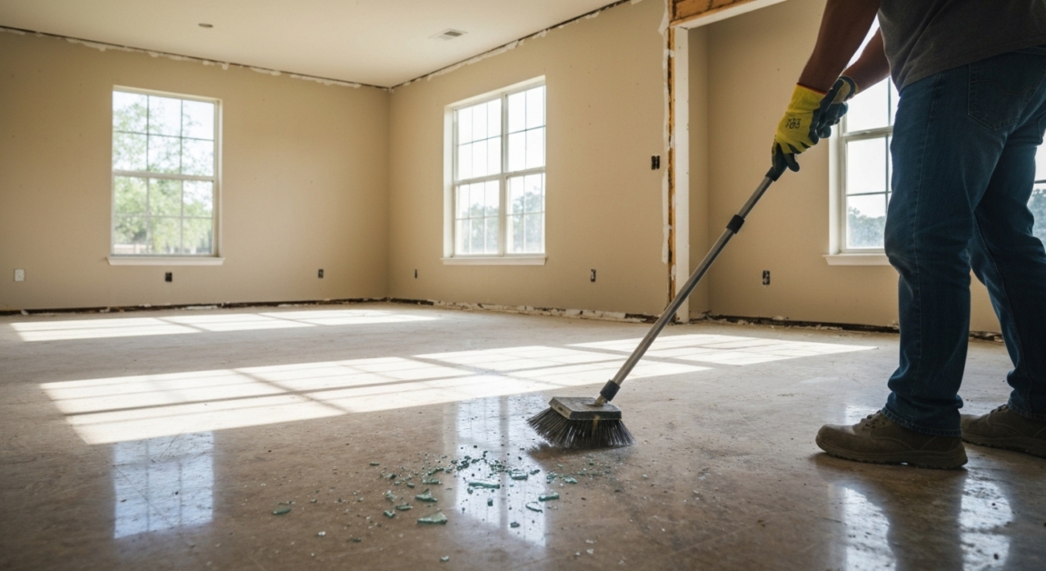 Worker in gloves using a magnet sweeper to remove nails and broken glass in Orlando home post-construction