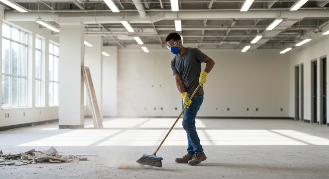 Worker with mask, gloves, and safety glasses cleaning office space in Orlando post-construction