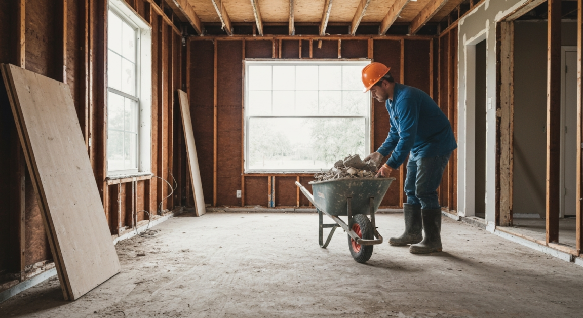 Cleaner wearing hard hat and steel-toe boots handling debris in Orlando rental property renovation