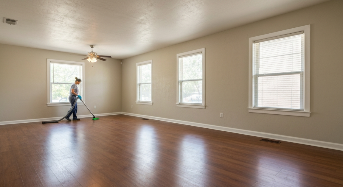 Freshly cleaned, empty Orlando rental property showing broom-clean condition in living room.