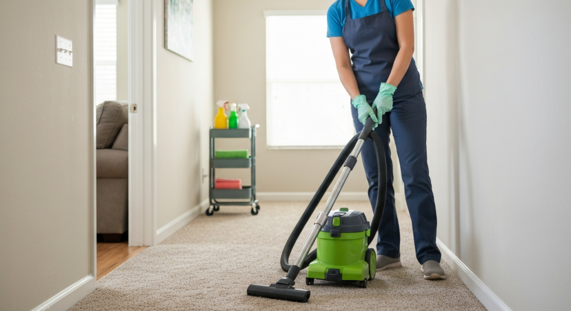 Professional cleaner using a vacuum in an Orlando home, illustrating expert cleaning.