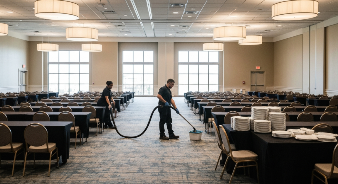 Professional cleaners working in a large Orlando conference venue, showcasing cleaning cost impact.
