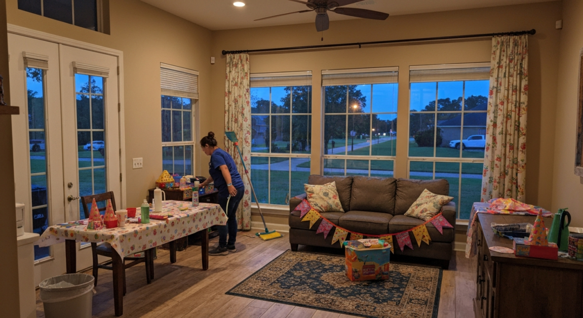 Cleaning professional tidying an Orlando living room after a party during peak season.