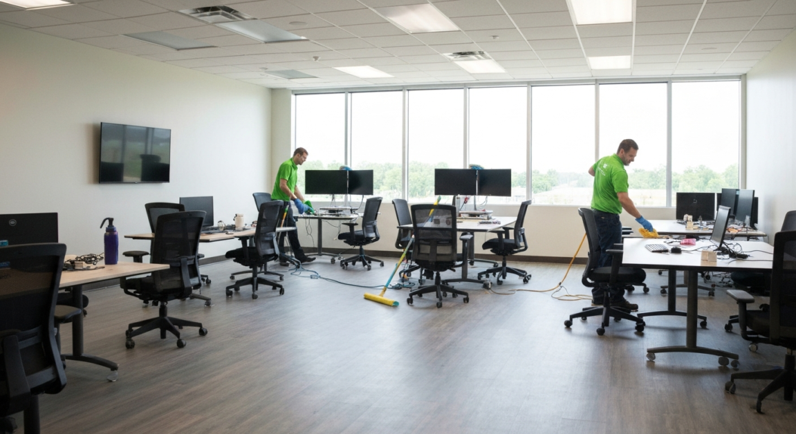 Two professionals thoroughly cleaning an Orlando office space, showcasing comprehensive packages.