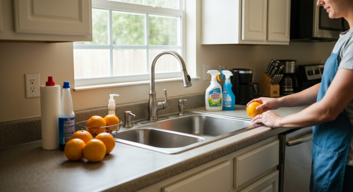 Person using lemons and oranges for cleaning a kitchen sink in an Orlando home