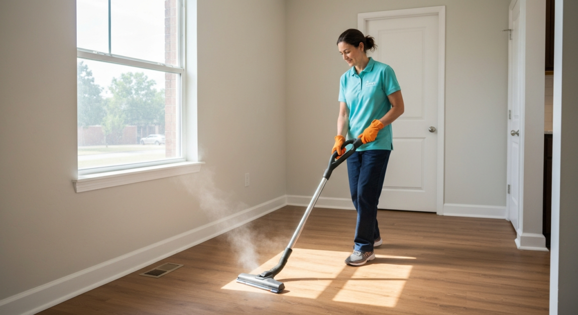 Professional cleaner using a HEPA vacuum to remove fine dust from hardwood floors in an Orlando home.