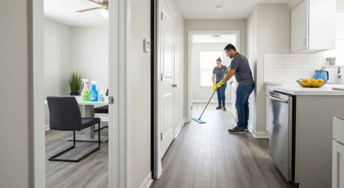 Two professional cleaners coordinating a thorough cleanup of an Orlando apartment renovation.