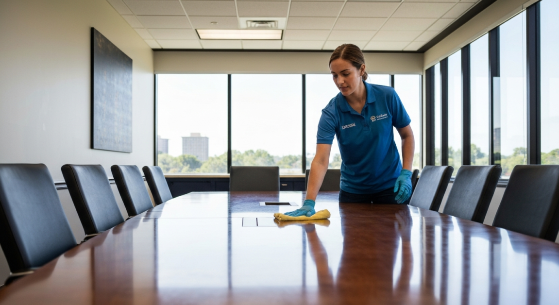 Professional cleaner in an Orlando office polishing a conference table.