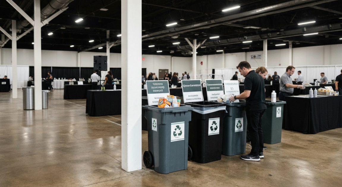 Eco-friendly waste sorting in an Orlando event space with recycling and compost bins used by staff.