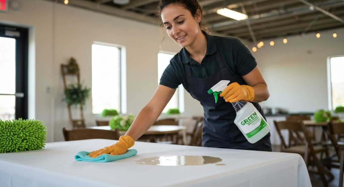 Professional cleaner using eco-friendly products in Orlando event space.
