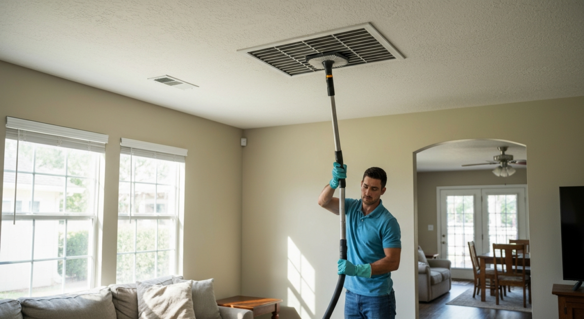 Professional cleaner vacuuming vent grate to reduce indoor allergens in an Orlando home.