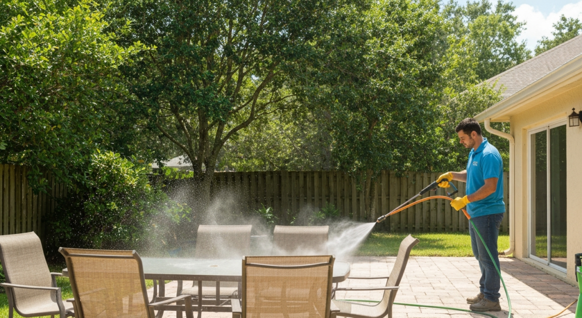 Professional cleaner pressure washing patio furniture in an Orlando backyard for spring events.