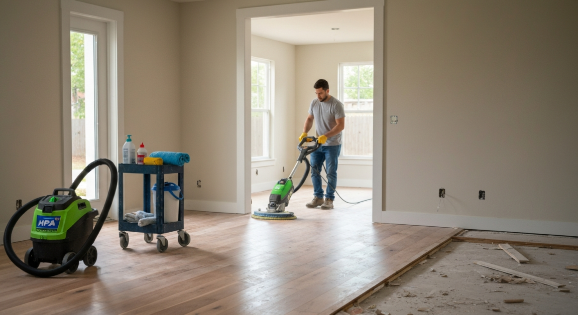 Professional cleaner using high-power floor buffer with HEPA vacuum in post-construction Orlando home