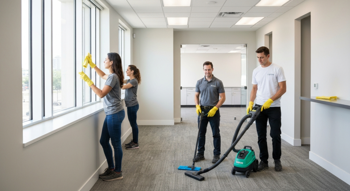Team of professional cleaners working efficiently in newly renovated Orlando office with HEPA vacuum and dusters
