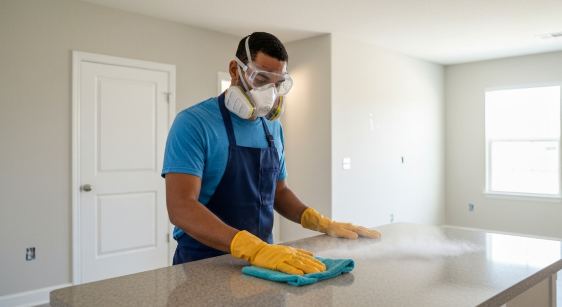 Professional cleaner wearing safety gear, cleaning fine dust with a microfiber cloth in a newly renovated Orlando home