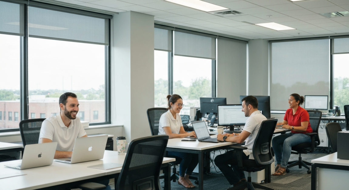 Employees collaborating in a clean and well-lit Orlando office.