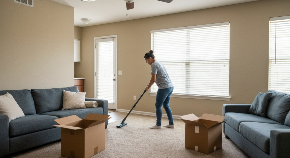 Rushed move out cleaning Orlando apartment highlighting the chaos of last-minute efforts.