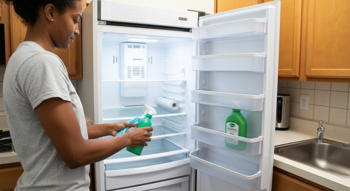 Deep cleaning the interior of a fridge for move out cleaning Orlando services.