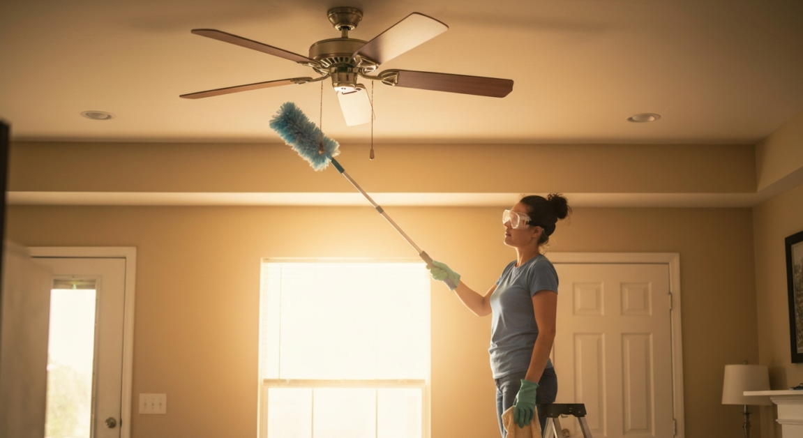 Professional cleaner dusting a ceiling fan during a move out clean in Orlando.