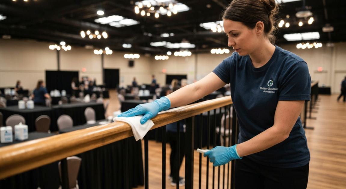 Professional cleaner sanitizing a handrail in an Orlando event space to maintain safety standards.