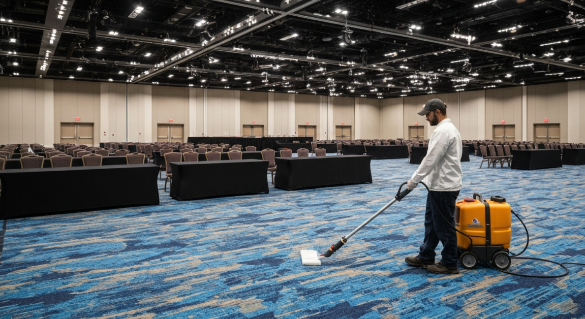 Professional cleaner using electrostatic sprayer in a large Orlando event venue for efficient sanitization.
