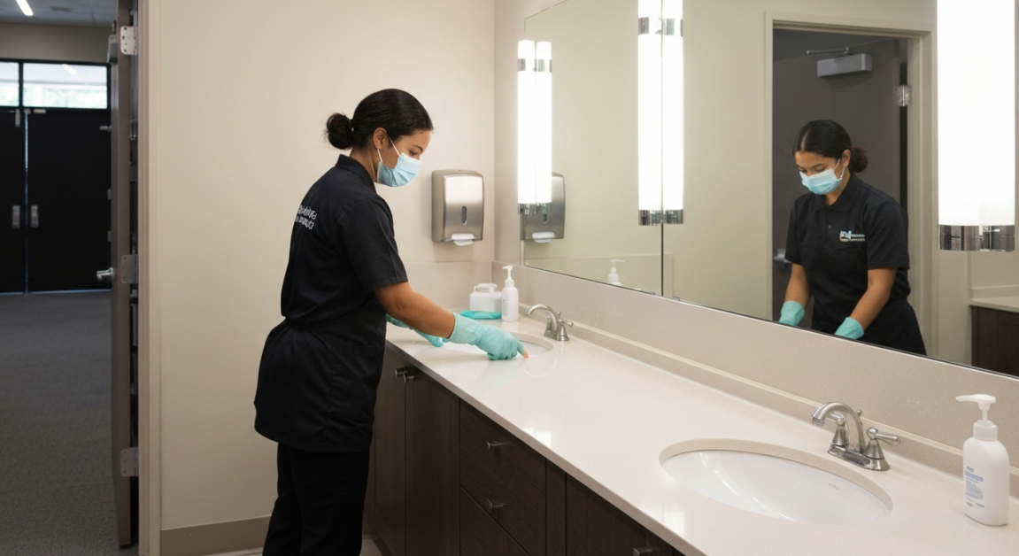Professional cleaner wearing PPE sanitizes restroom areas in an Orlando event space.