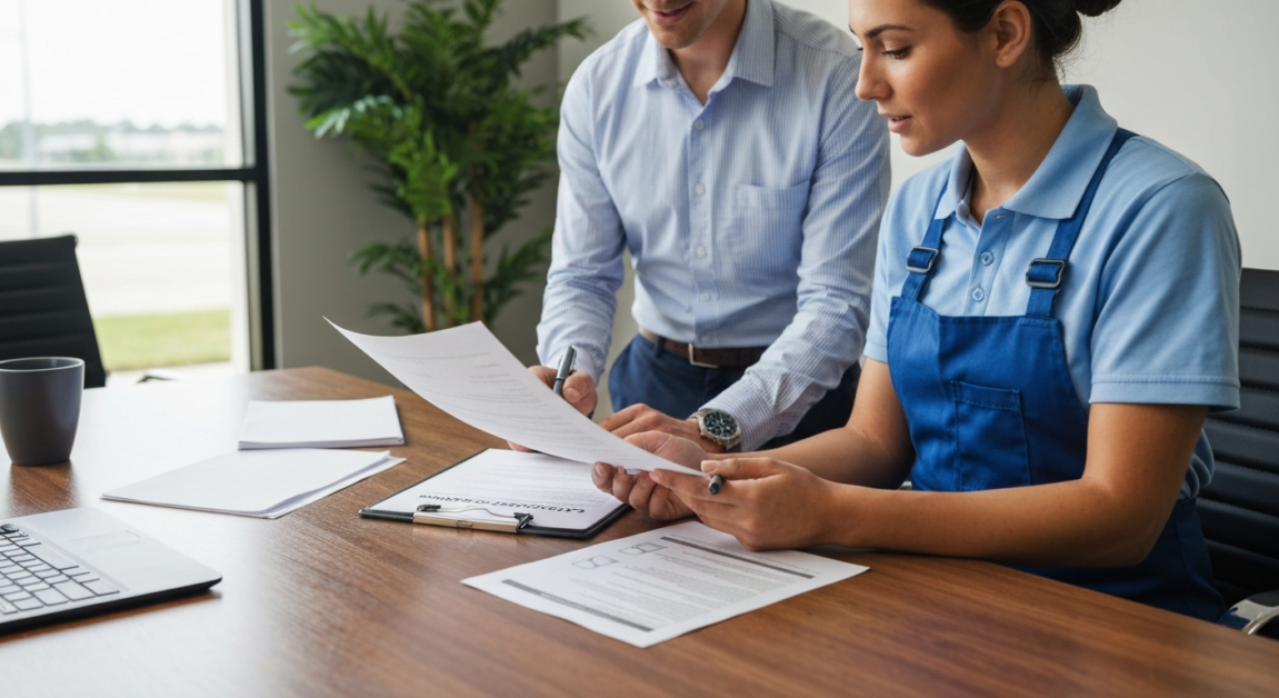 Professional reviewing a commercial cleaning agreement in an Orlando office.