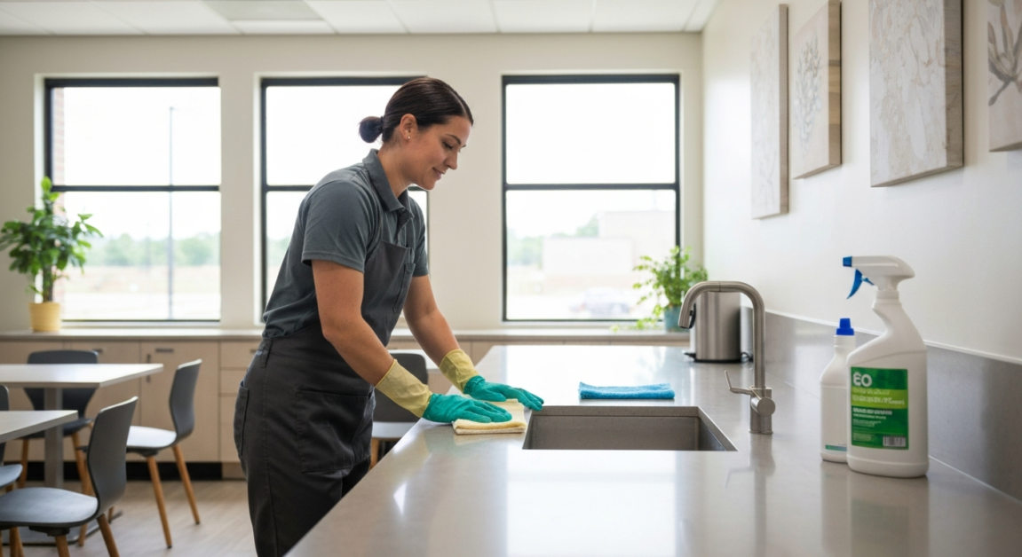 Cleaner using eco-safe supplies in an Orlando breakroom.