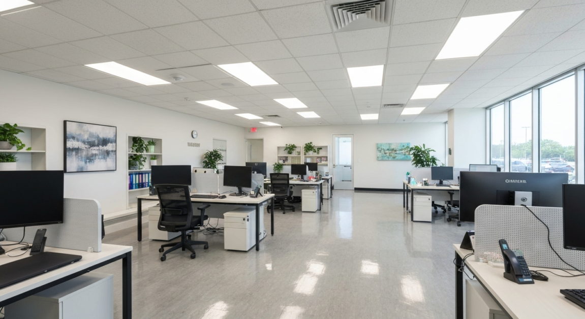 Spotless Orlando office hallway after professional cleaning.