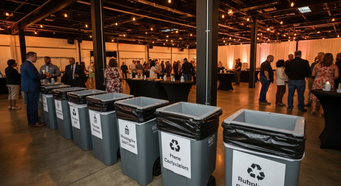 Strategically placed trash and recycling bins in an Orlando event space during a gathering