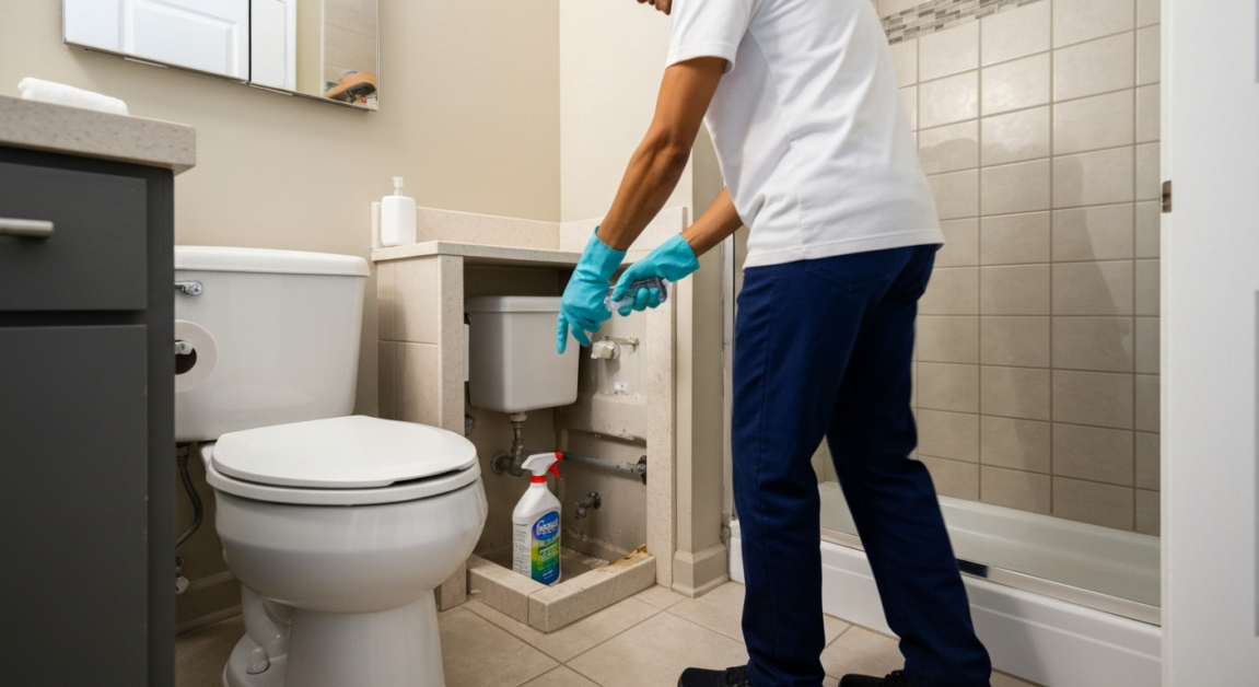 Professional cleaning of a bathroom in Orlando apartment, focusing on comprehensive toilet sanitation.