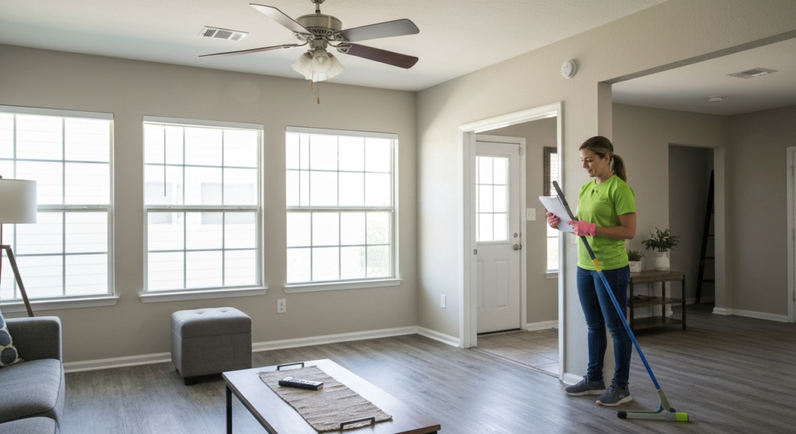 Inspection-ready living space in an Orlando rental with cleaned windowsills and fan blades.