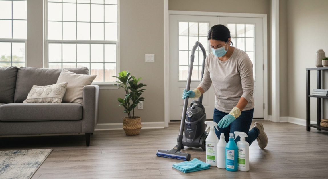 Person preparing for post-renovation cleaning with PPE and cleaning supplies in an Orlando living room