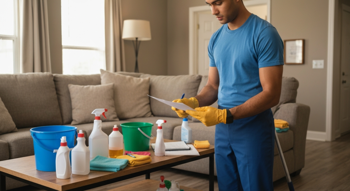 Professional cleaner comparing cleaning checklists and supplies in an Orlando living room, highlighting service scope comparison.
