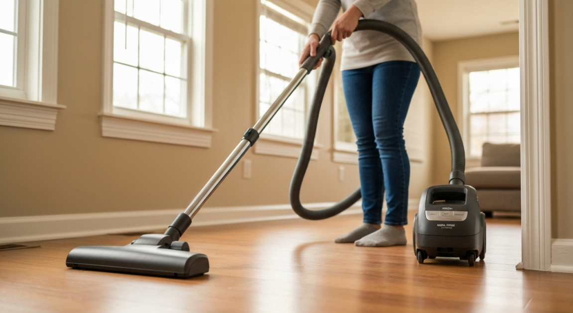 Person using a HEPA vacuum on hardwood floor in an Orlando home for post-renovation cleaning