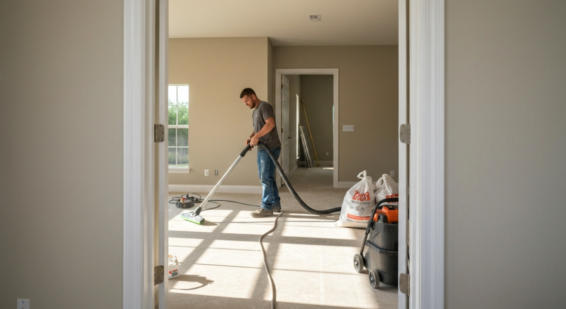 Professional cleaner using HEPA vacuum for post-construction dust removal in Orlando.