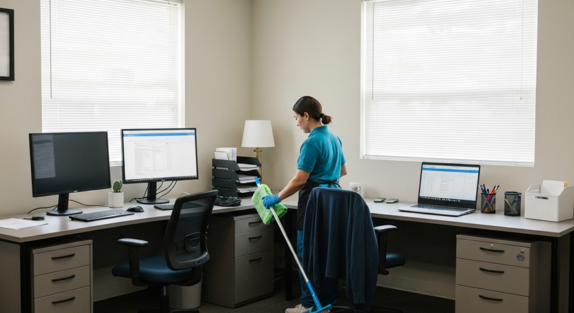 All Great Cleaner team member finishing an office cleanup in Orlando Metro.