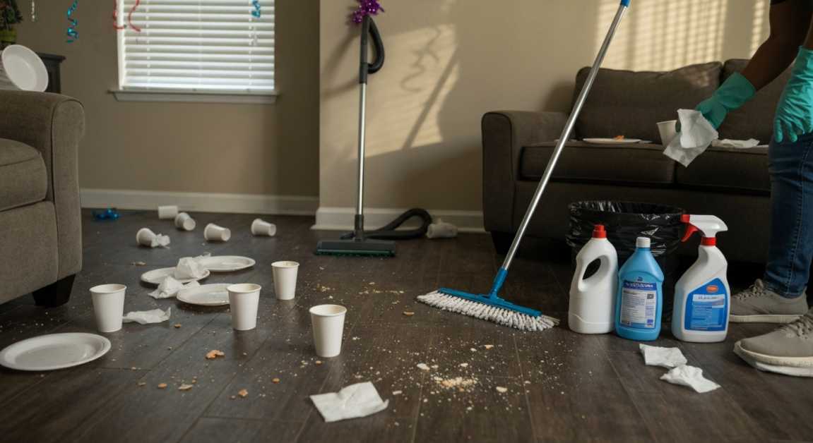 Cluttered Orlando home living room showing DIY cleaning challenges after an event