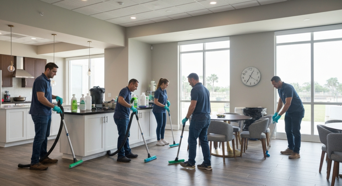 Professional cleaning crew working efficiently in an Orlando apartment after a corporate event