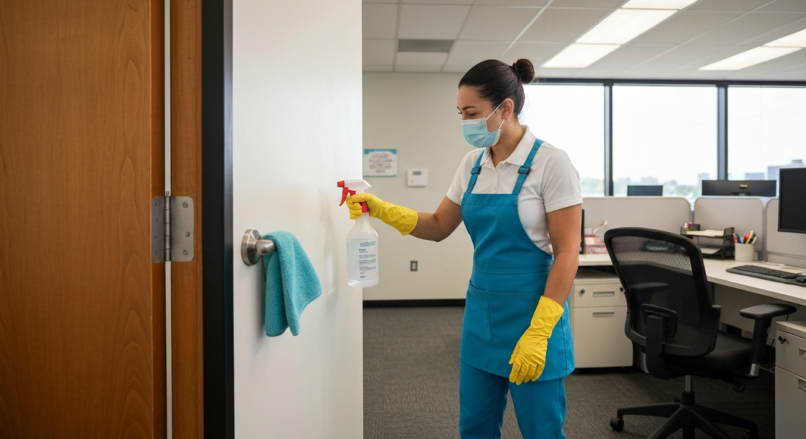 Professional cleaner sanitizing a door handle in an Orlando office with EPA-approved disinfectant.