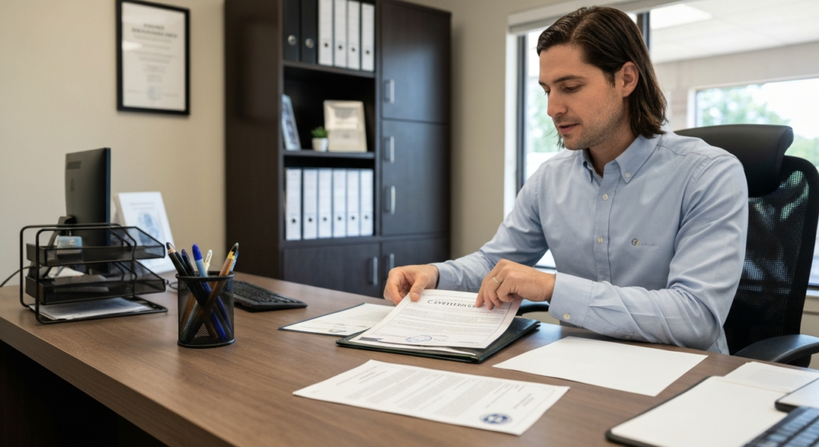Review of licenses and insurance documents in an Orlando property management office.