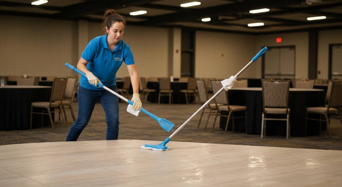 Cleaning professional resetting an Orlando event space after a conference.