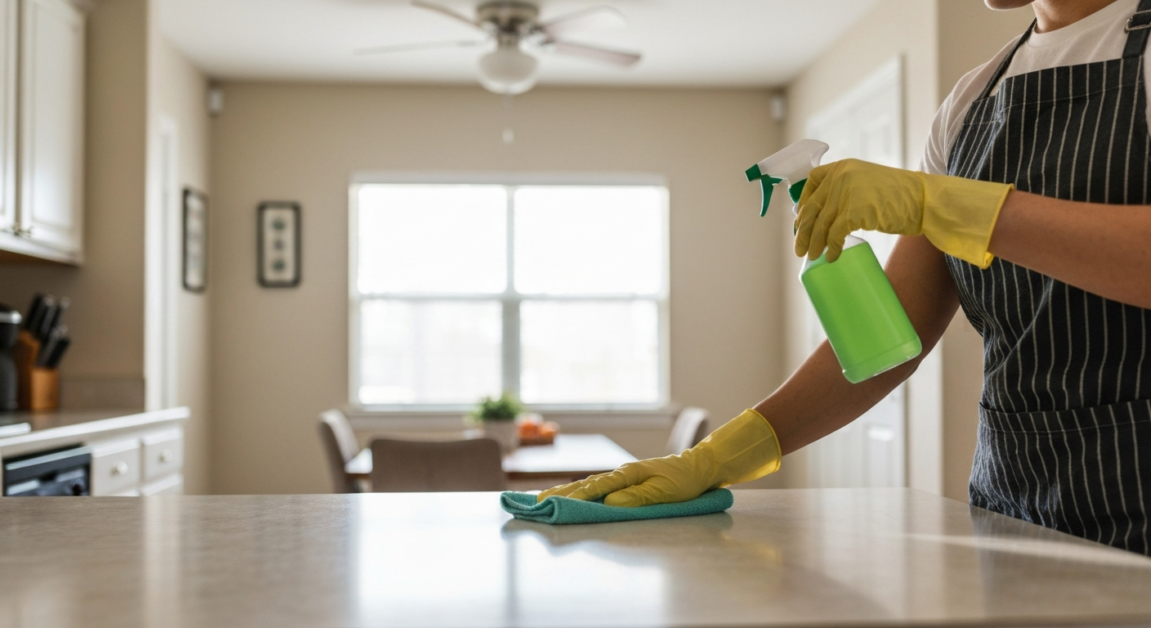 Professional cleaner using eco-friendly cleaning tools in an Orlando kitchen