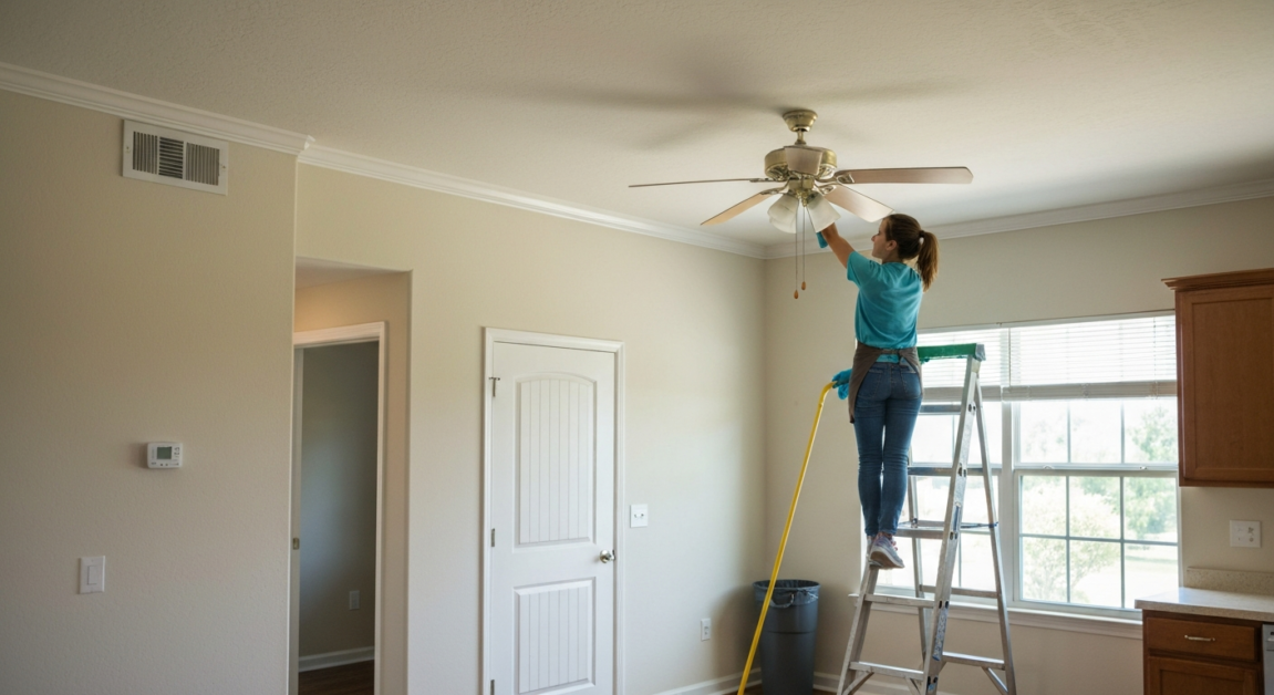 Professional cleaner maintaining ceiling vents in an Orlando home