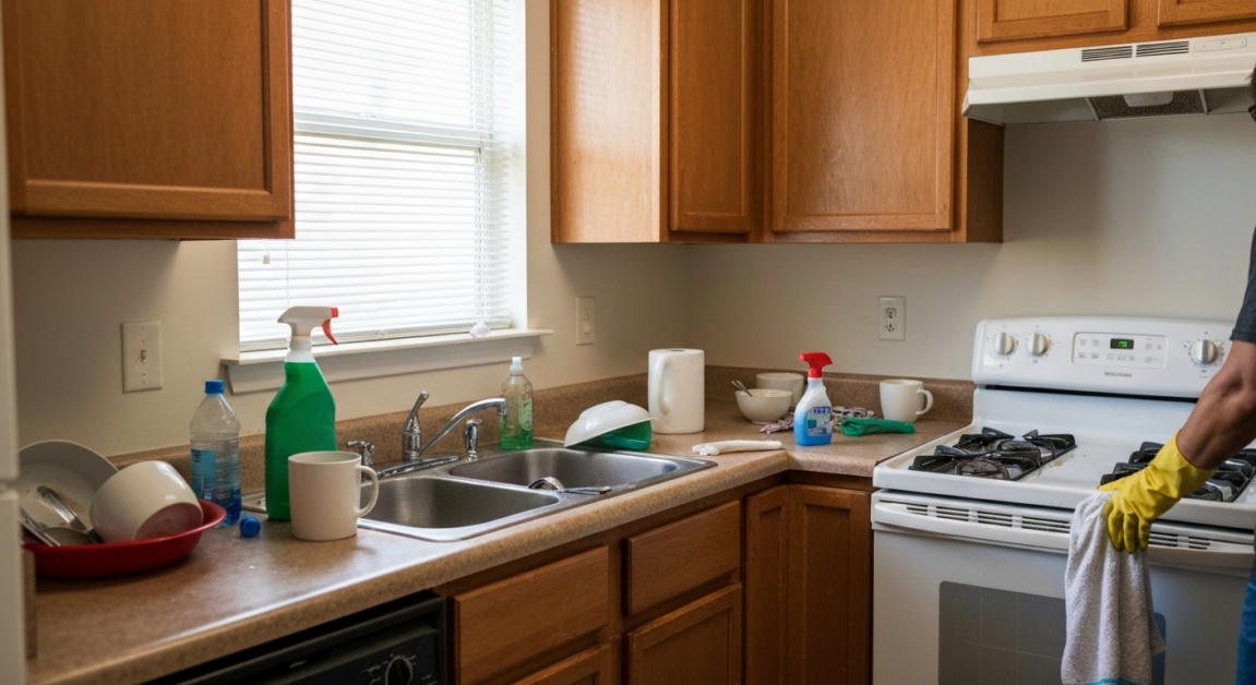 Person performing DIY move-out cleaning in an Orlando kitchen