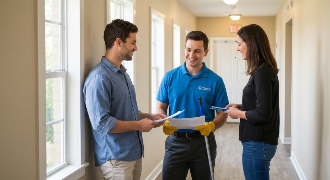 Homeowner and professional cleaner in Orlando discussing insurance and cleaning guarantees.