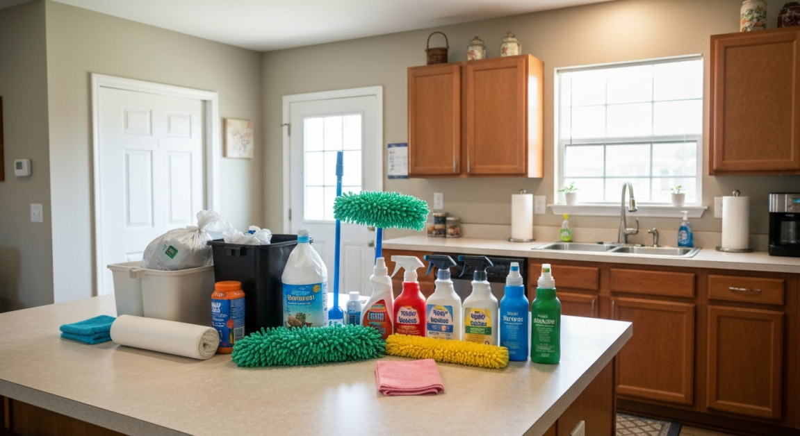 Cleaning supplies organized on a kitchen counter in an Orlando home, ready for post-party clean-up.