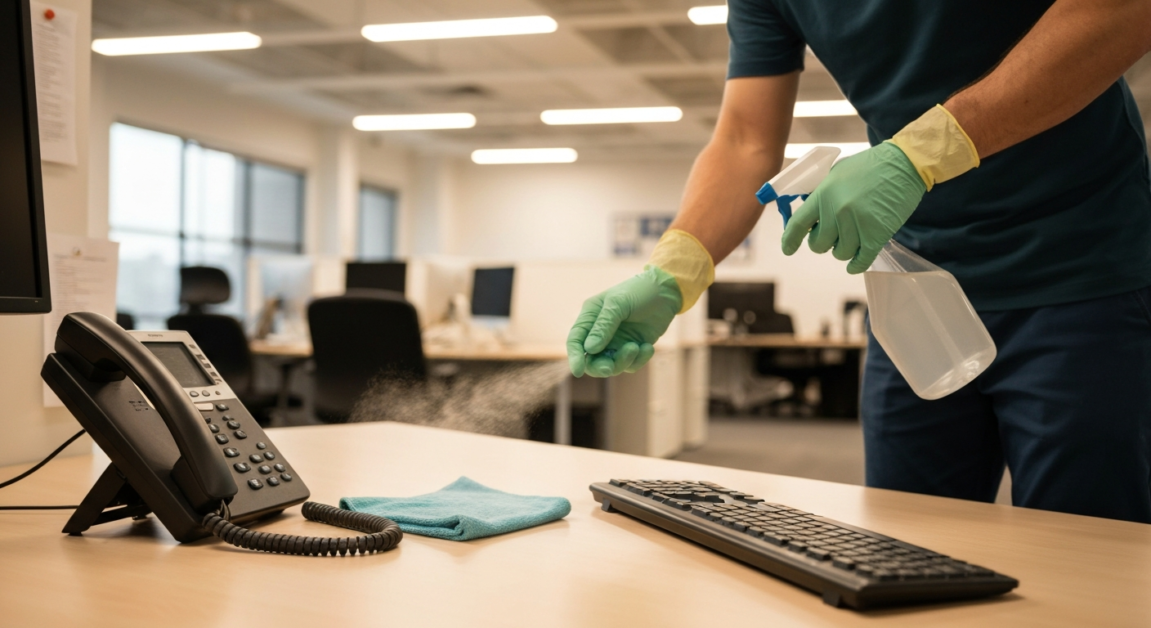 Professional cleaner disinfecting a shared office desk in an Orlando workplace, focusing on hygiene.